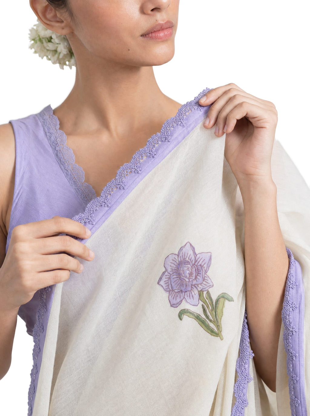 Hand Block Printed Mul Chanderi Saree Saree Pure White & Lilac Mul Chanderi Saree