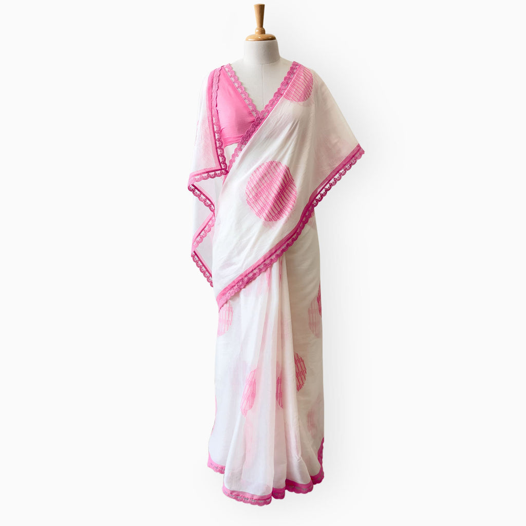 Hand Block Printed Mul Chanderi Saree Saree Pure White & Pink Mul Chanderi Saree