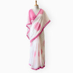 Hand Block Printed Mul Chanderi Saree Saree Pure White & Pink Mul Chanderi Saree