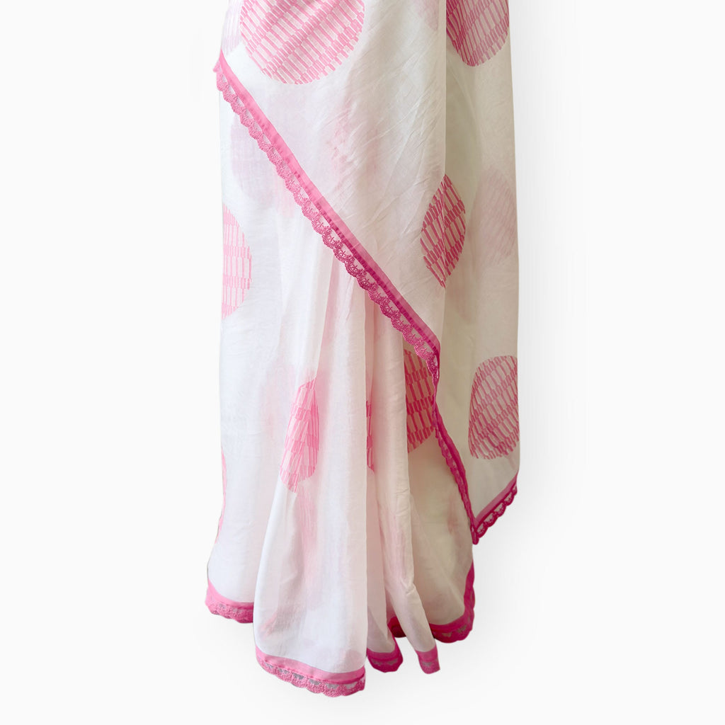 Hand Block Printed Mul Chanderi Saree Saree Pure White & Pink Mul Chanderi Saree