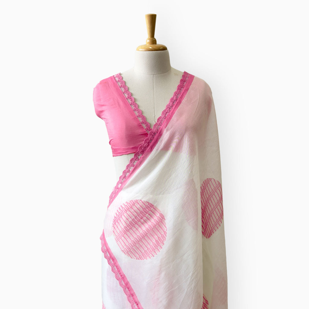 Hand Block Printed Mul Chanderi Saree Saree Pure White & Pink Mul Chanderi Saree