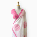 Hand Block Printed Mul Chanderi Saree Saree Pure White & Pink Mul Chanderi Saree