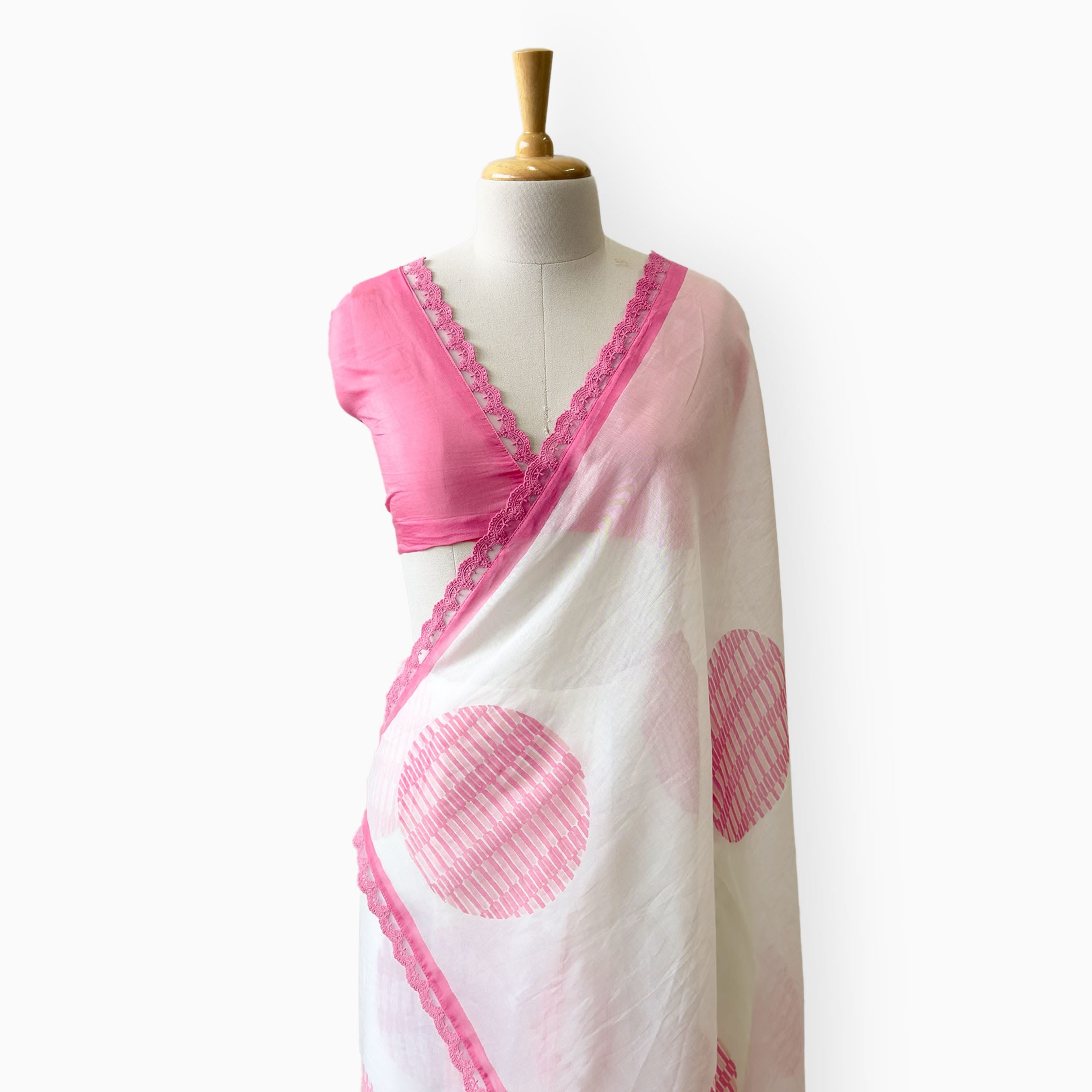 Hand Block Printed Mul Chanderi Saree Saree Pure White & Pink Mul Chanderi Saree