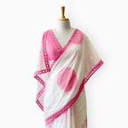 Hand Block Printed Mul Chanderi Saree Saree Pure White & Pink Mul Chanderi Saree