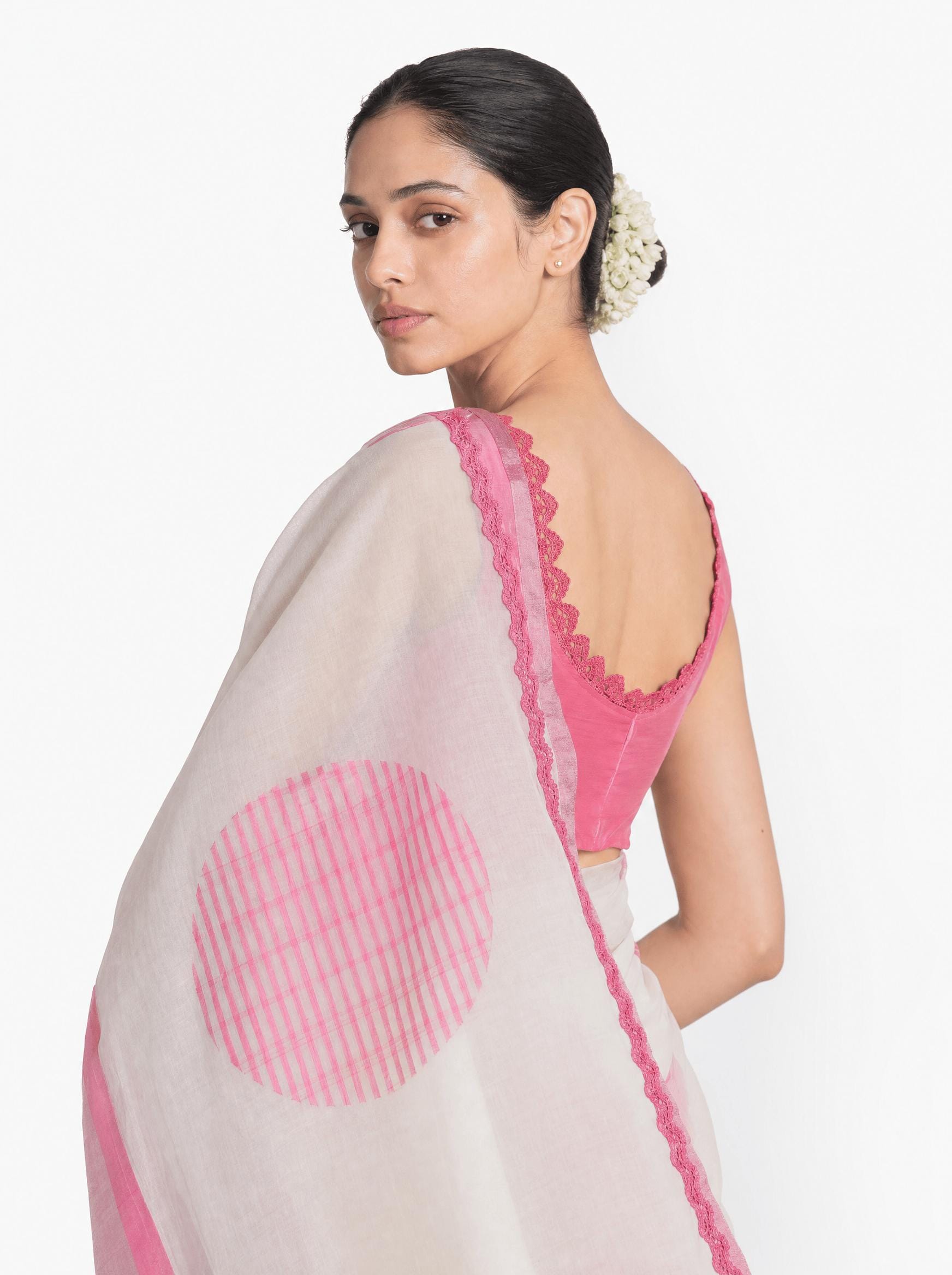 Hand Block Printed Mul Chanderi Saree Saree Pure White & Pink Mul Chanderi Saree