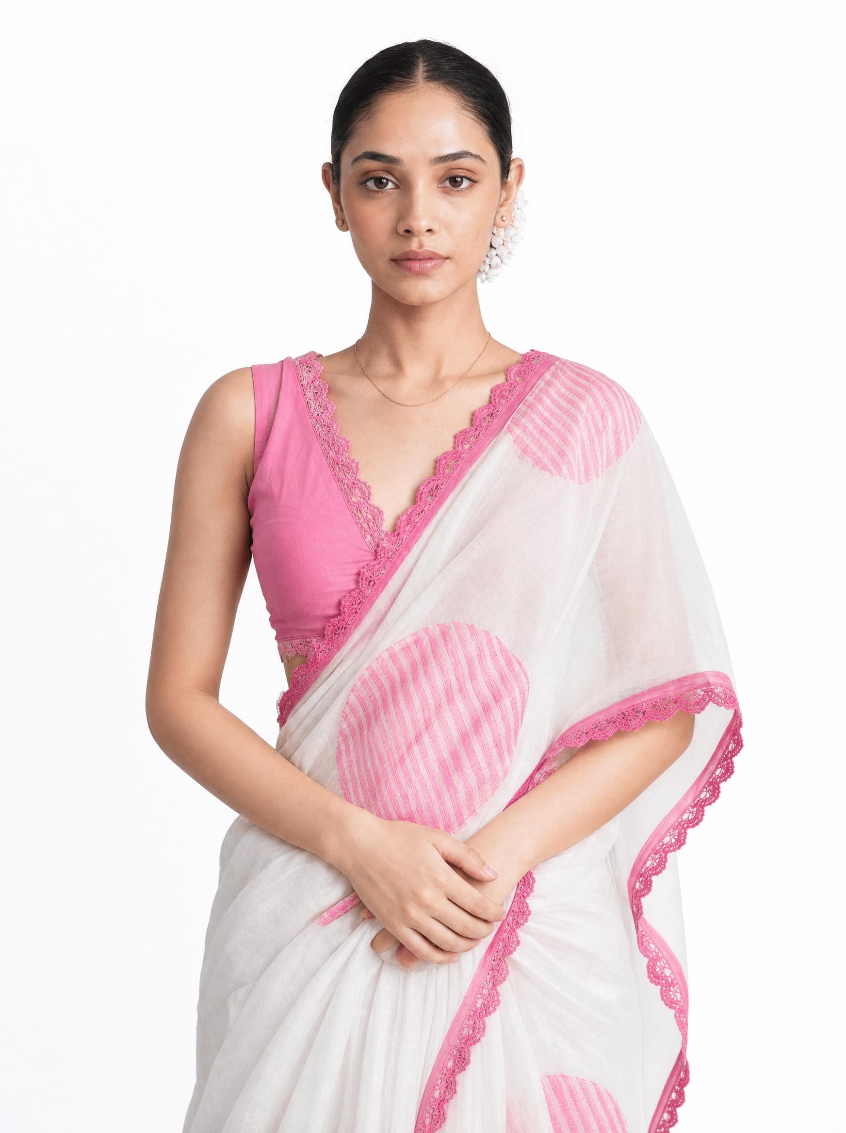 Hand Block Printed Mul Chanderi Saree Saree Pure White & Pink Mul Chanderi Saree