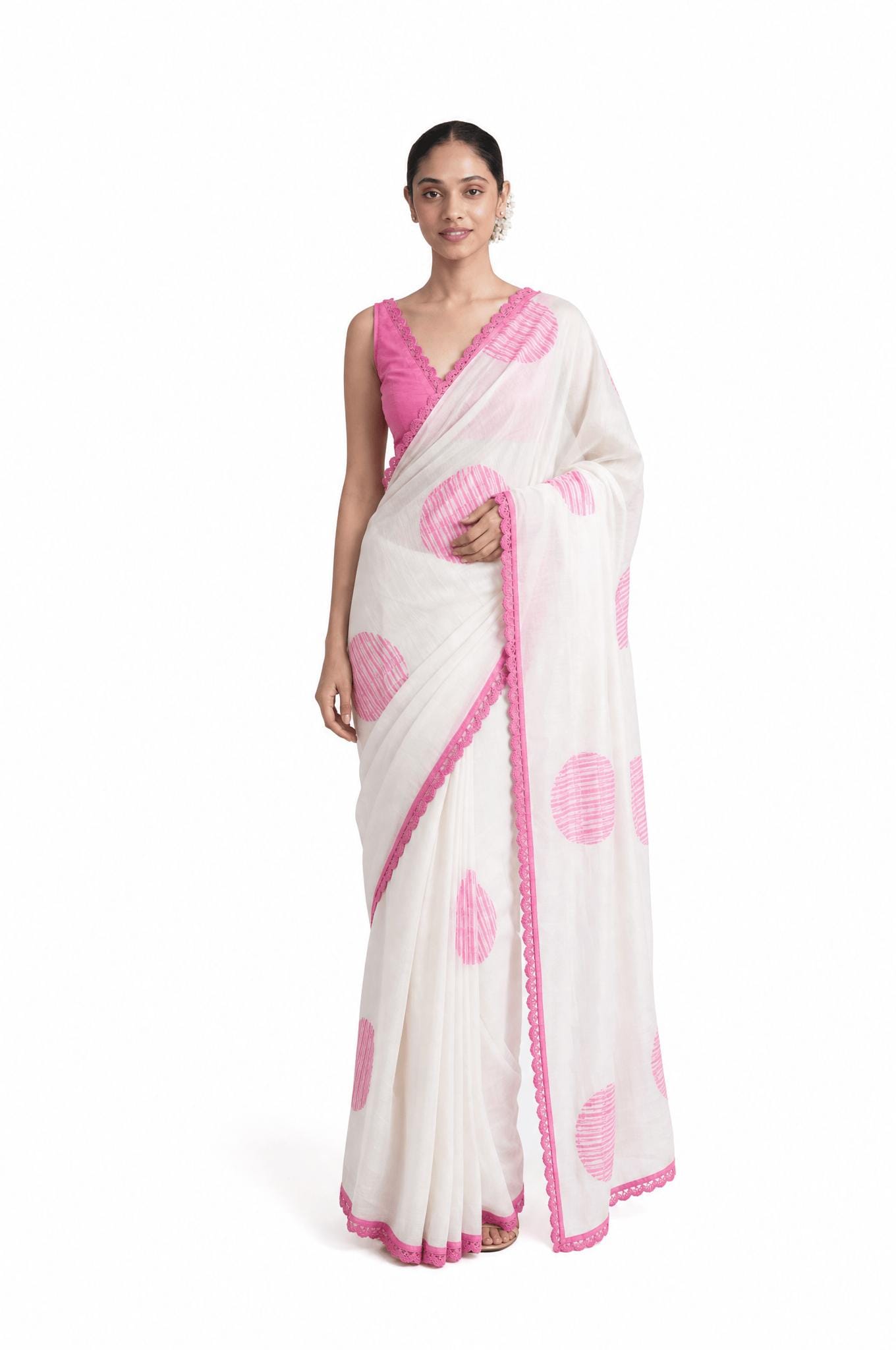 Hand Block Printed Mul Chanderi Saree Saree Pure White & Pink Mul Chanderi Saree