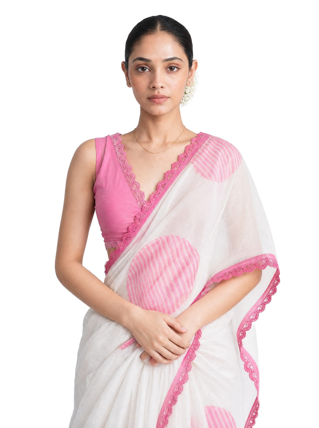 Hand Block Printed Mul Chanderi Saree Saree Pure White & Pink Mul Chanderi Saree