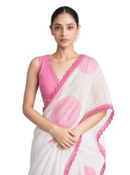 Hand Block Printed Mul Chanderi Saree Saree Pure White & Pink Mul Chanderi Saree