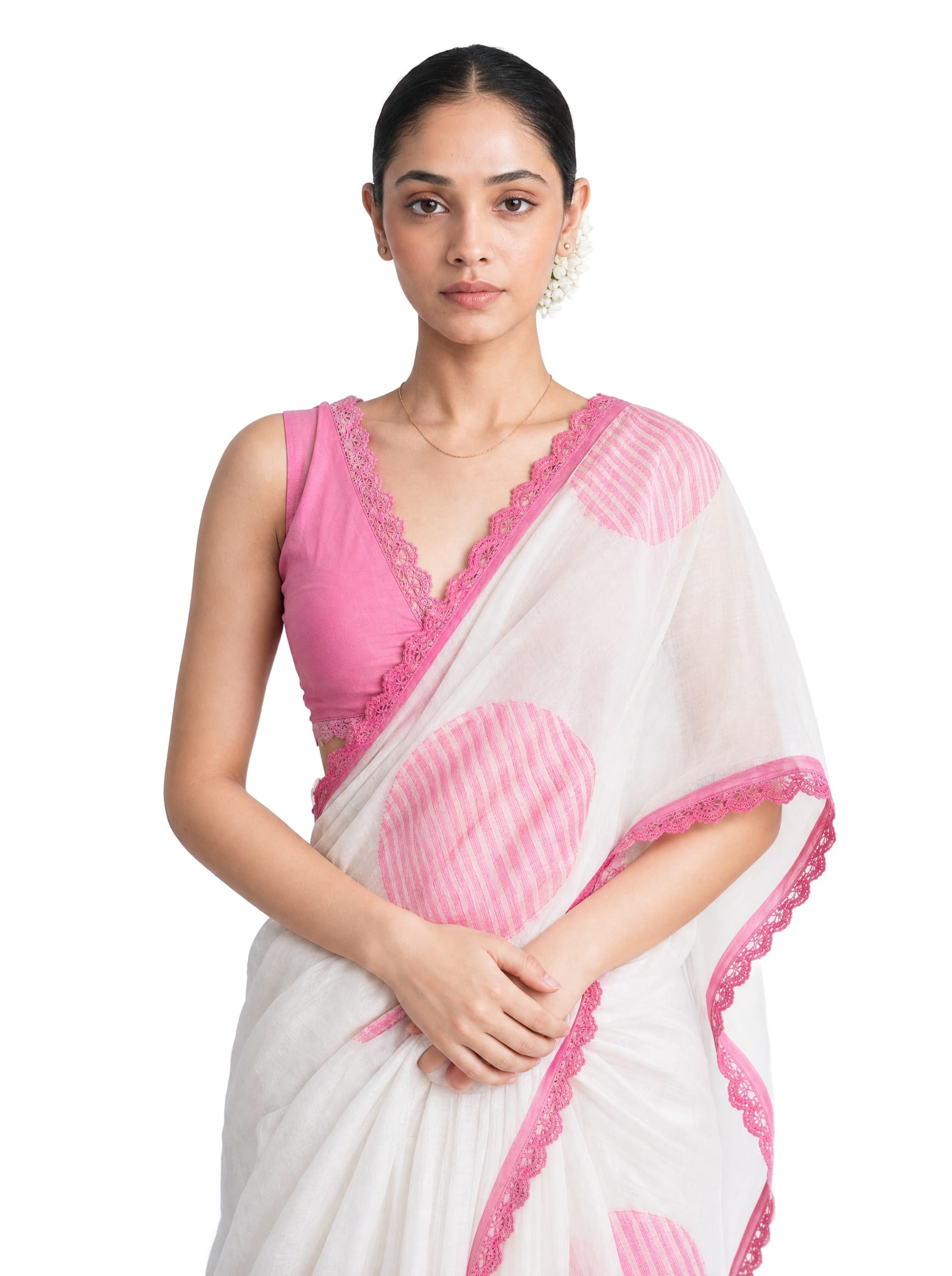 Hand Block Printed Mul Chanderi Saree Saree Pure White & Pink Mul Chanderi Saree