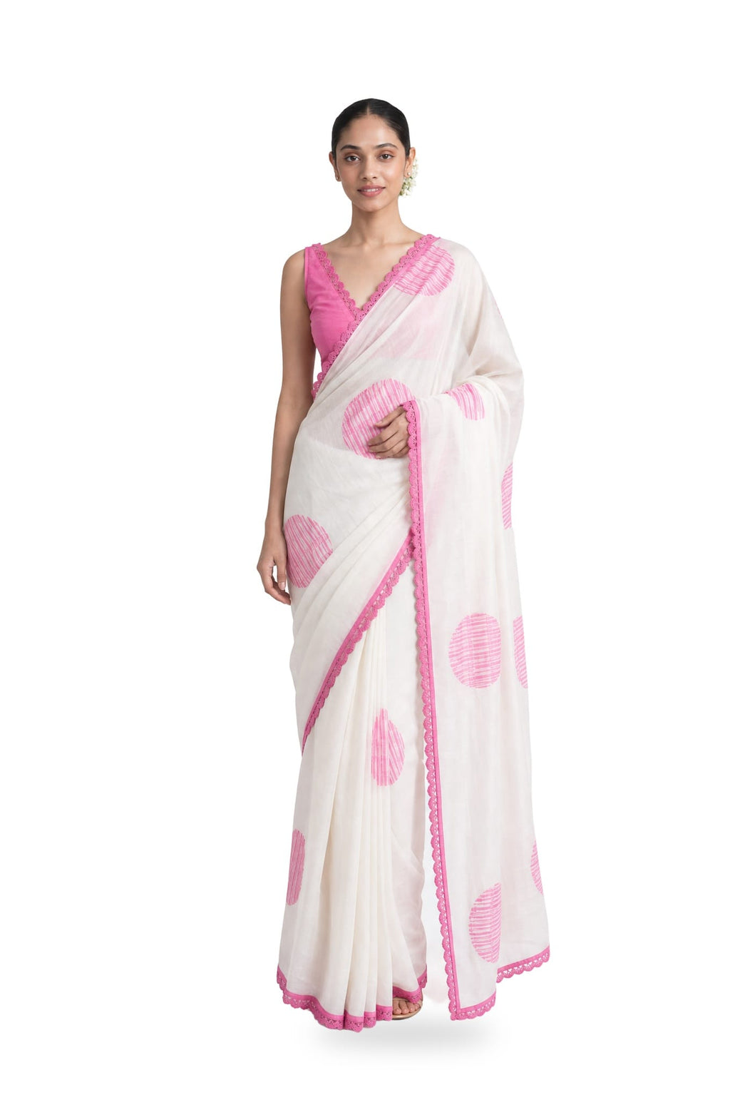 Hand Block Printed Mul Chanderi Saree Saree Pure White & Pink Mul Chanderi Saree