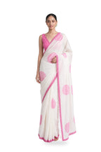 Hand Block Printed Mul Chanderi Saree Saree Pure White & Pink Mul Chanderi Saree