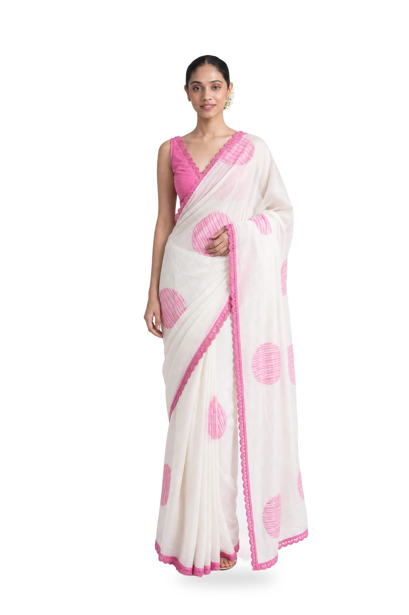 Hand Block Printed Mul Chanderi Saree Saree Pure White & Pink Mul Chanderi Saree