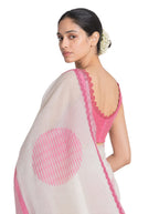 Hand Block Printed Mul Chanderi Saree Saree Pure White & Pink Mul Chanderi Saree