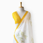 Hand Block Printed Mul Chanderi Saree Saree Pure White & Yellow Mul Chanderi Saree
