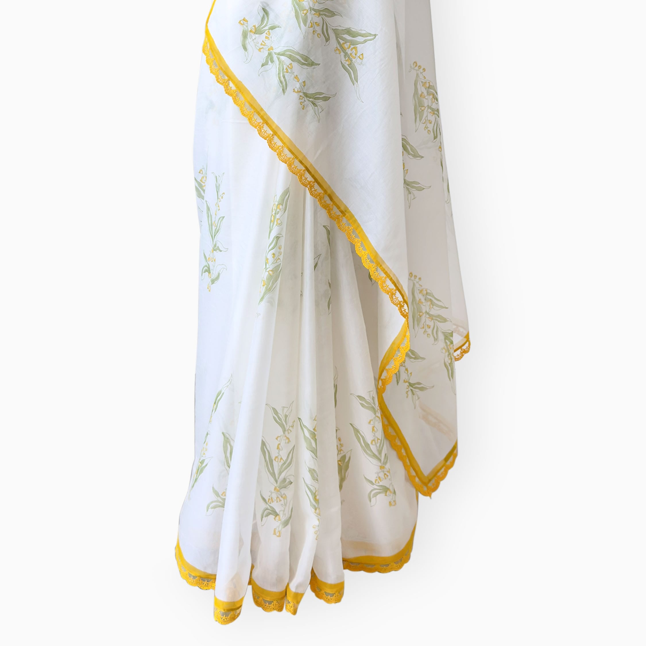 Hand Block Printed Mul Chanderi Saree Saree Pure White & Yellow Mul Chanderi Saree
