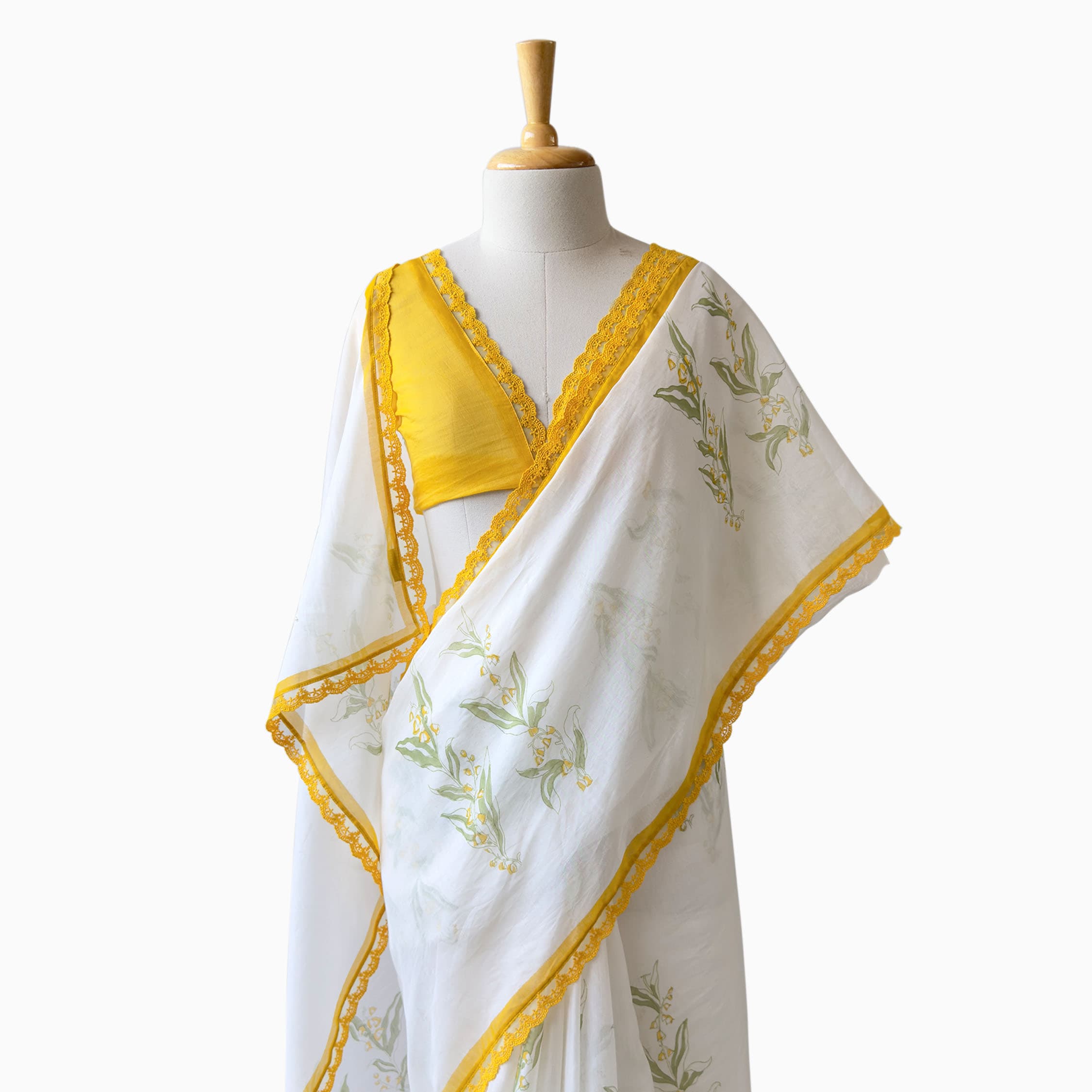 Hand Block Printed Mul Chanderi Saree Saree Pure White & Yellow Mul Chanderi Saree