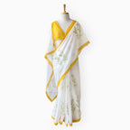 Hand Block Printed Mul Chanderi Saree Saree Pure White & Yellow Mul Chanderi Saree