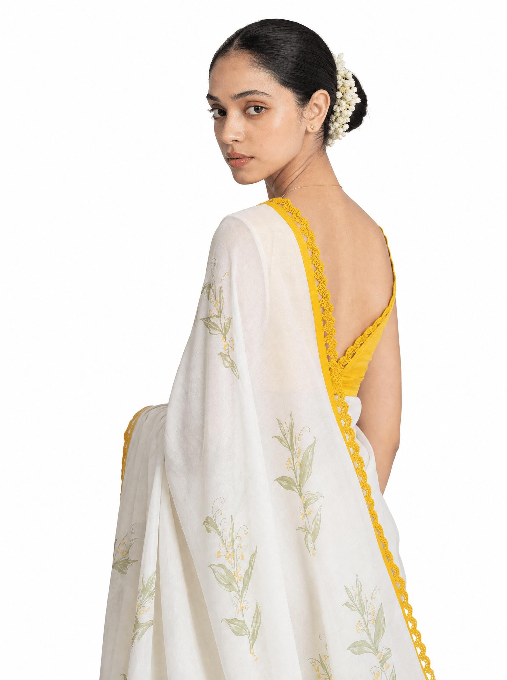Hand Block Printed Mul Chanderi Saree Saree Pure White & Yellow Mul Chanderi Saree