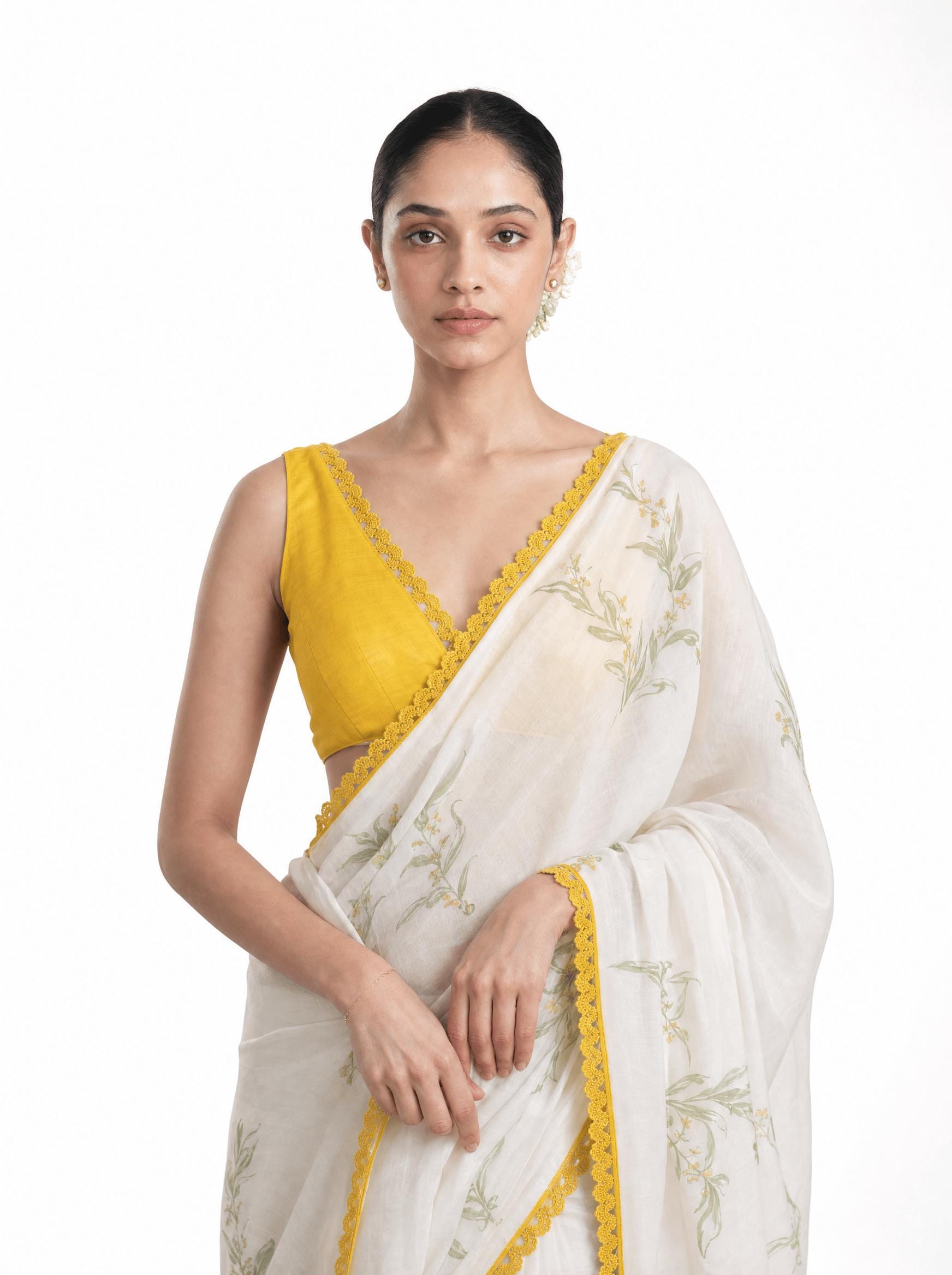 Hand Block Printed Mul Chanderi Saree Saree Pure White & Yellow Mul Chanderi Saree