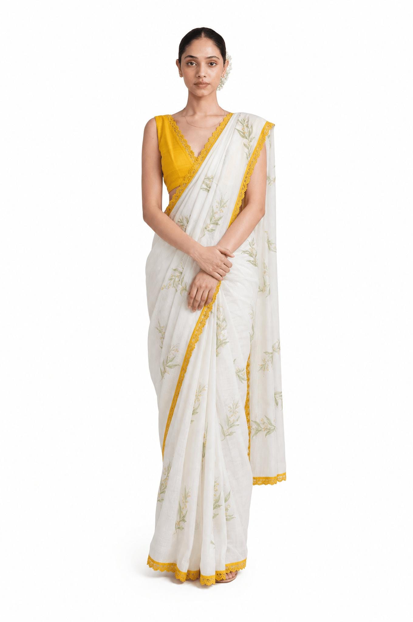 Hand Block Printed Mul Chanderi Saree Saree Pure White & Yellow Mul Chanderi Saree