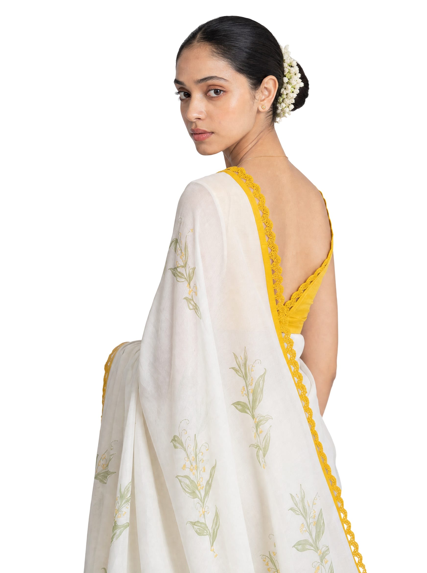 Hand Block Printed Mul Chanderi Saree Saree Pure White & Yellow Mul Chanderi Saree