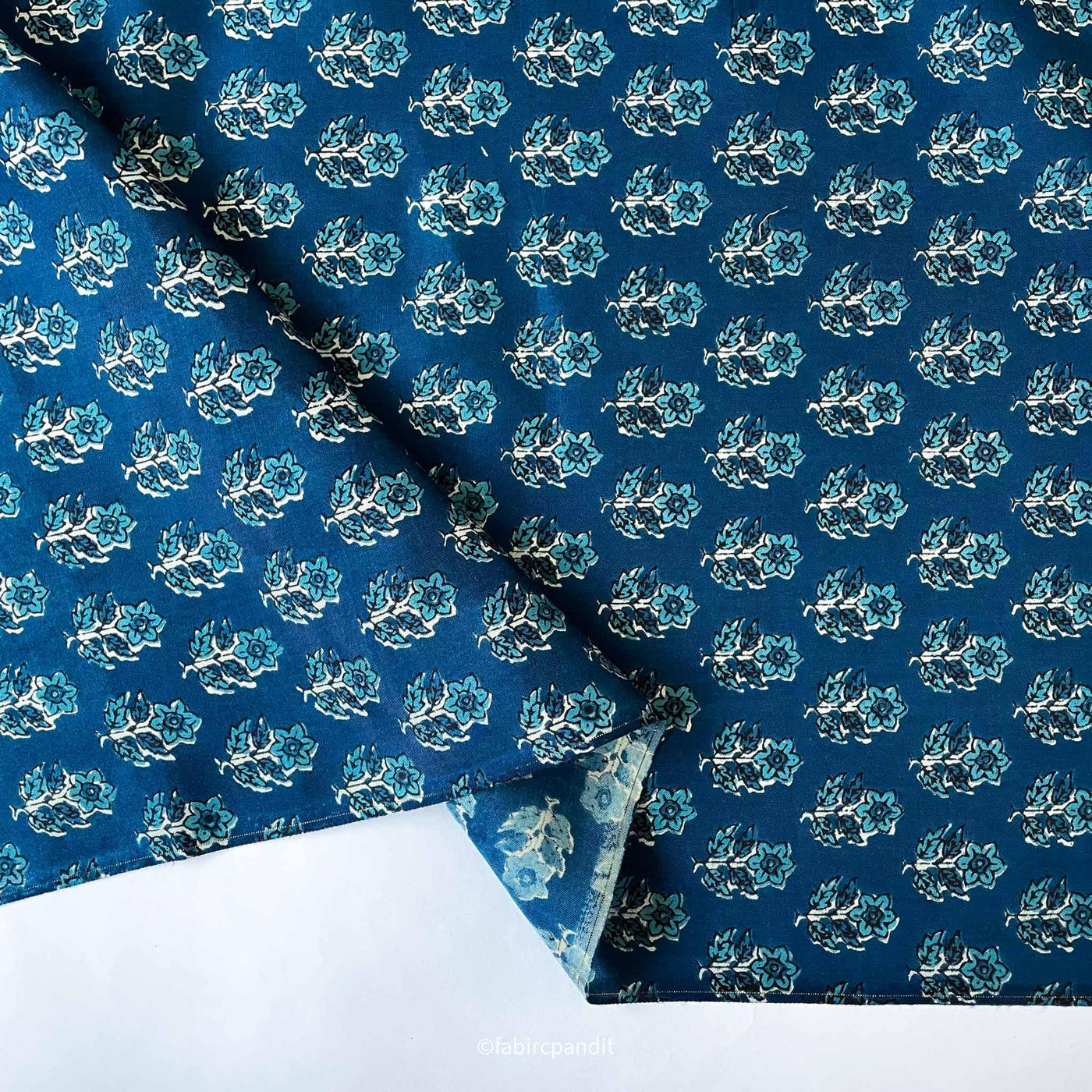 Hand Block Printed Muslin Fabric Cut Piece (CUT PIECE) Indigo Blue and Turquoise Little Daisy Hand Block Printed Pure Muslin Fabric (Width 43 inches)