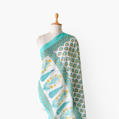 Hand Block Printed Pure Cotton Dupatta Dupatta Bright Turquoise & Yellow Mughal Floral Hand Block Printed Pure Cotton Dupatta (Width 40 Inches)