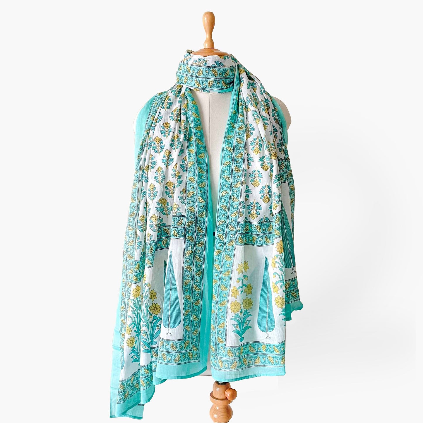 Hand Block Printed Pure Cotton Dupatta Dupatta Bright Turquoise & Yellow Mughal Floral Hand Block Printed Pure Cotton Dupatta (Width 40 Inches)