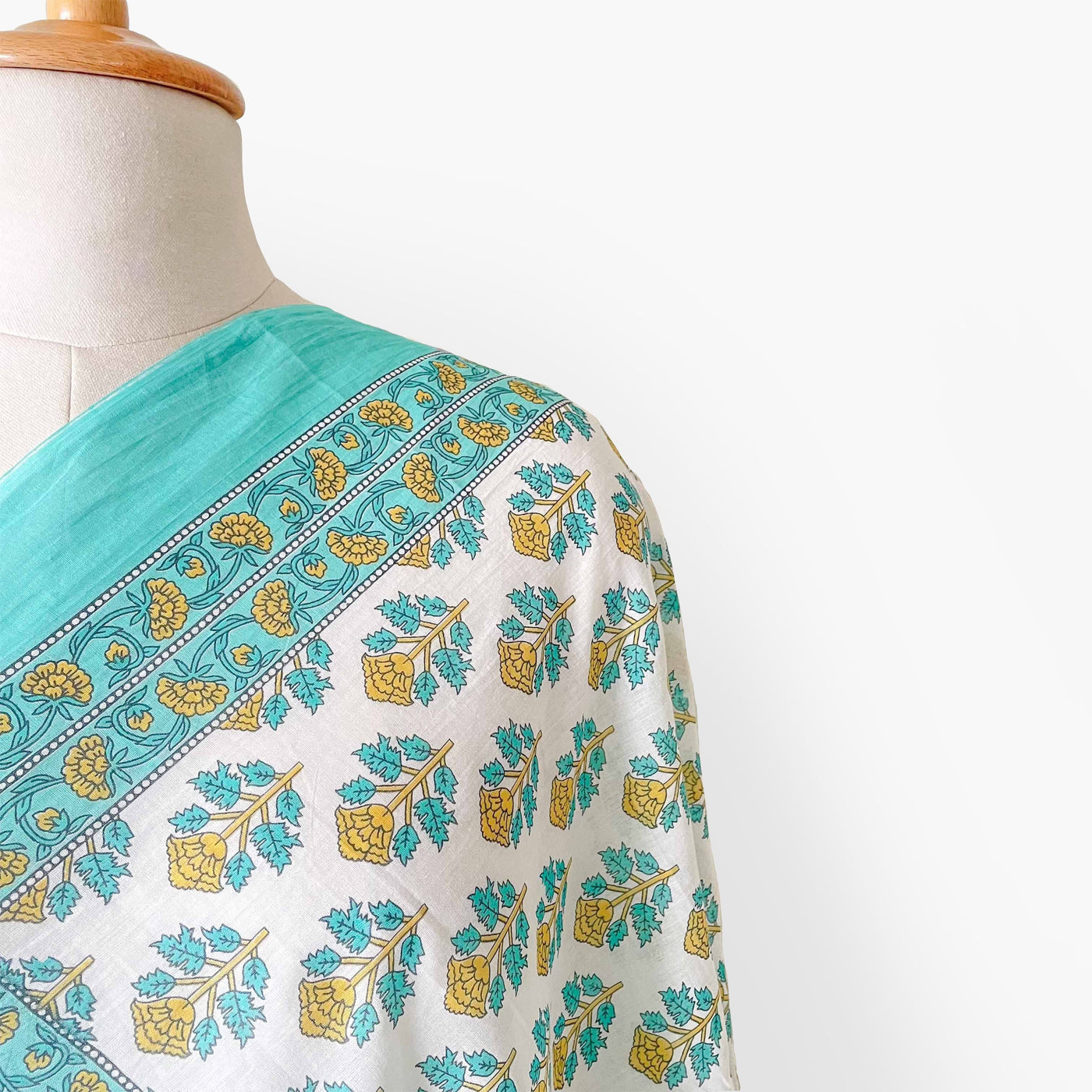 Hand Block Printed Pure Cotton Dupatta Dupatta Bright Turquoise & Yellow Mughal Floral Hand Block Printed Pure Cotton Dupatta (Width 40 Inches)