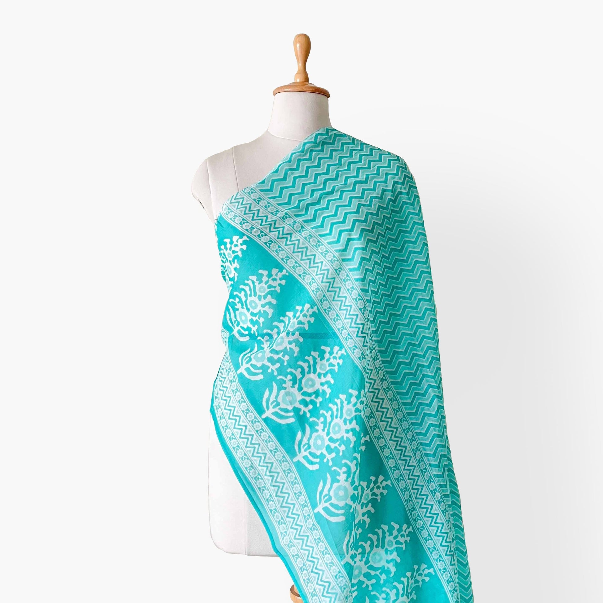 Hand Block Printed Pure Cotton Dupatta Dupatta Bright Turquoise Zig-Zag Hand Block Printed Pure Cotton Dupatta (Width 40 Inches)