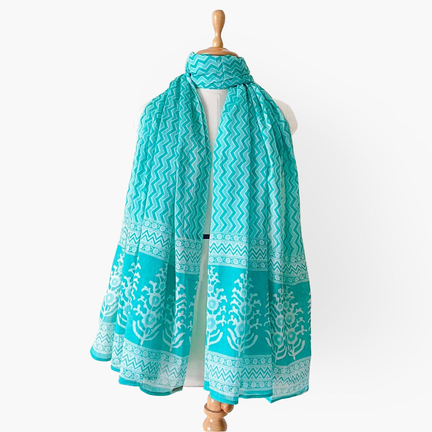 Hand Block Printed Pure Cotton Dupatta Dupatta Bright Turquoise Zig-Zag Hand Block Printed Pure Cotton Dupatta (Width 40 Inches)