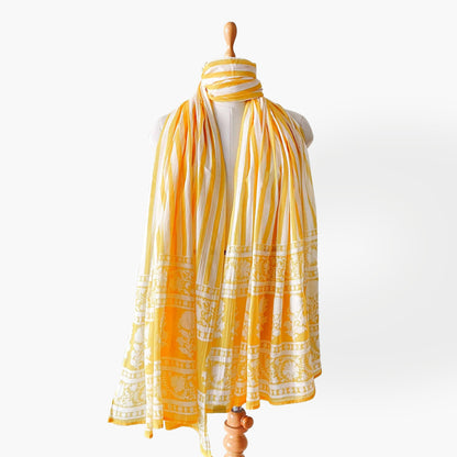 Hand Block Printed Pure Cotton Dupatta Dupatta Bright Yellow & White Mughal Floral Hand Block Khadi Printed Pure Cotton Dupatta (Width 40 Inches)