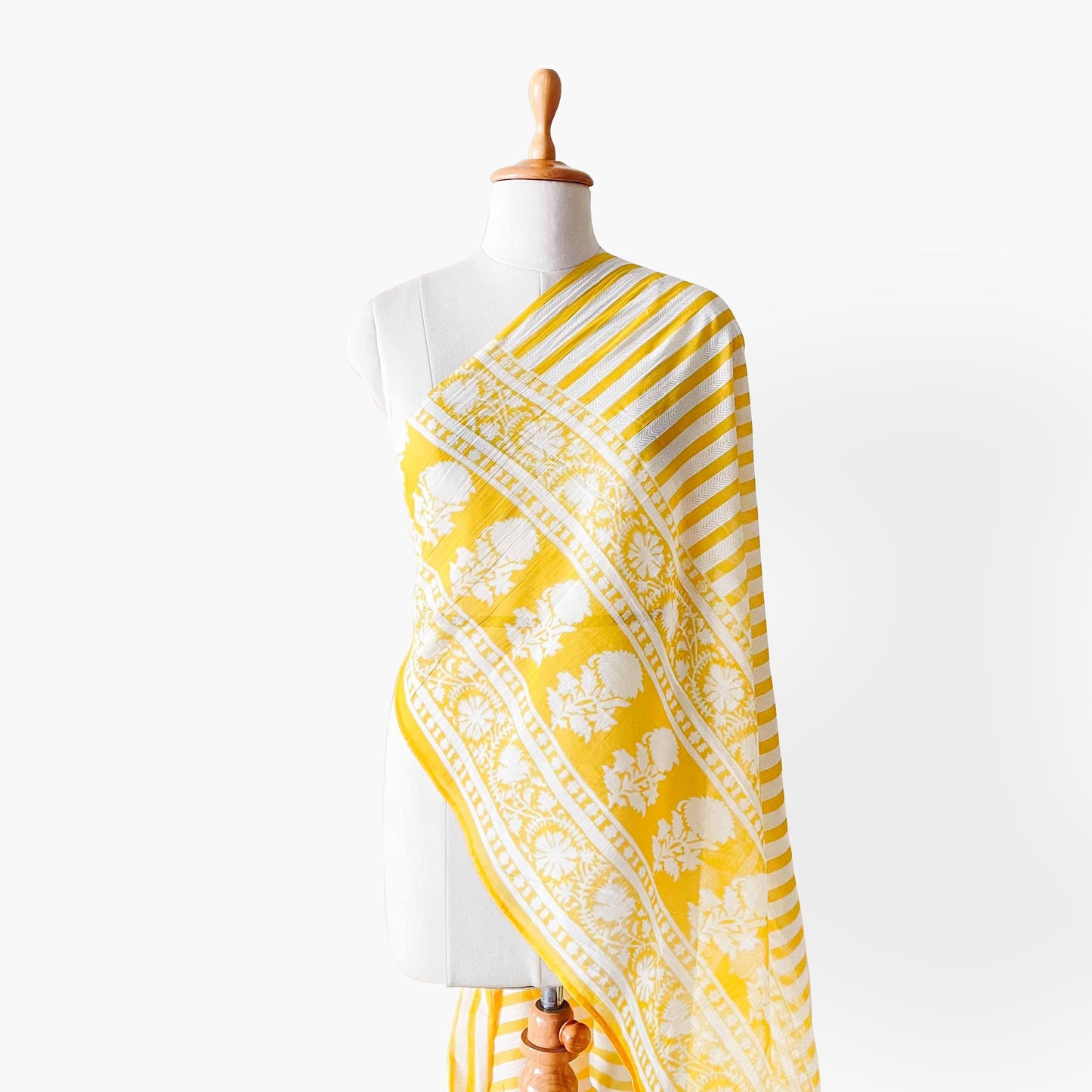 Hand Block Printed Pure Cotton Dupatta Dupatta Bright Yellow & White Mughal Floral Hand Block Khadi Printed Pure Cotton Dupatta (Width 40 Inches)