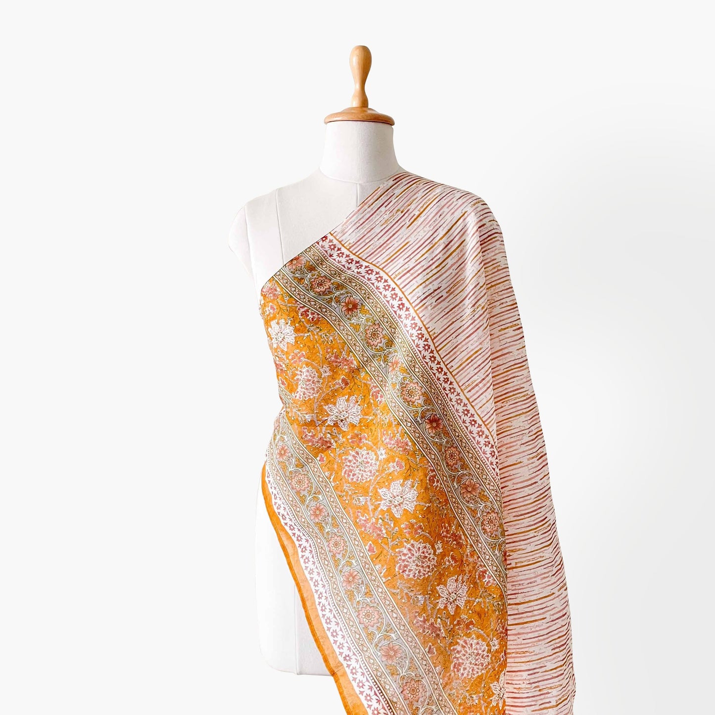 Hand Block Printed Pure Cotton Dupatta Dupatta Mustard Yellow & Off-White Mughal Floral Hand Block Printed Pure Cotton Dupatta (Width 40 Inches)