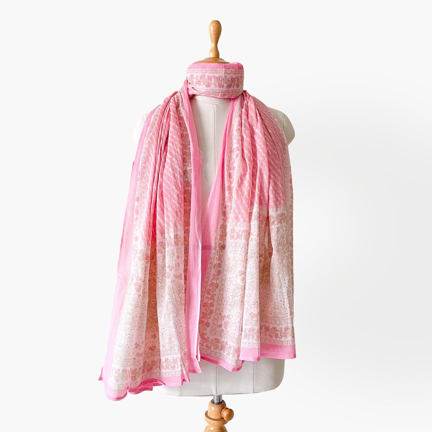 Hand Block Printed Pure Cotton Dupatta Dupatta Pastel Pink & White Abstract Floral Hand Block Printed Pure Cotton Dupatta (Width 40 Inches)