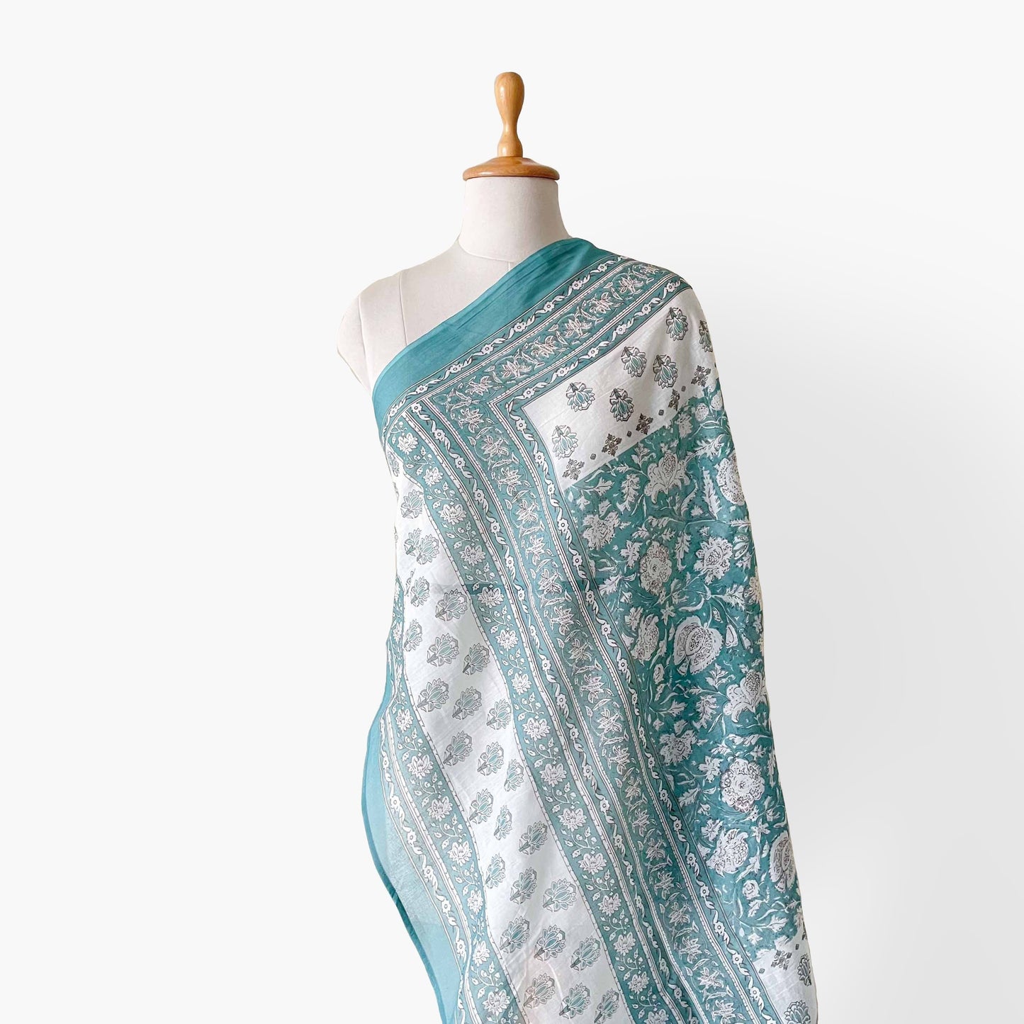 Hand Block Printed Pure Cotton Dupatta Dupatta Turquoise & White Mughal Floral Hand Block Printed Pure Cotton Dupatta (Width 40 Inches)