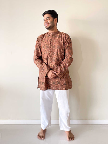 Hand Block Printed Short Stitched Kurta Men's Stitched Short Kurta Mud Brown Pure Ajrakh Natural Dyed Hand Block Printed Pure Cotton Short Kurta