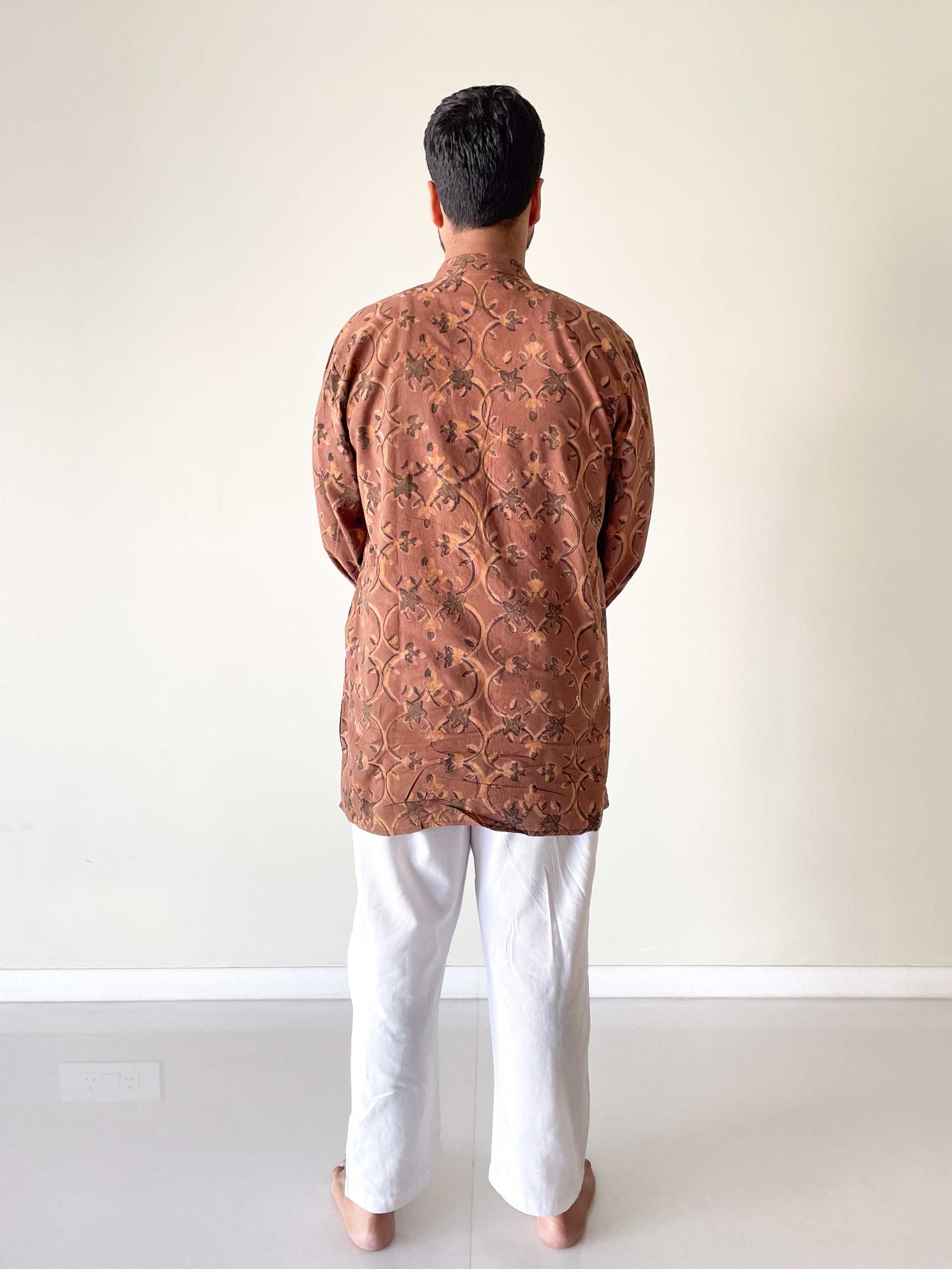 Hand Block Printed Short Stitched Kurta Men's Stitched Short Kurta Mud Brown Pure Ajrakh Natural Dyed Hand Block Printed Pure Cotton Short Kurta