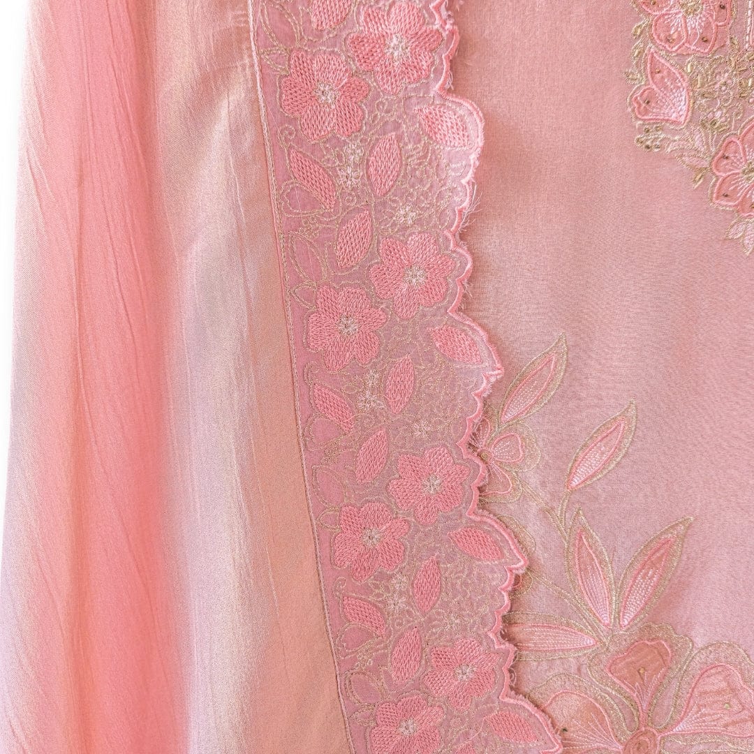 Handpicked Suit Sets Unstitched Suit Baby Pink Floral Embroidered Pure Tissue Silk Unstitched Suit Set