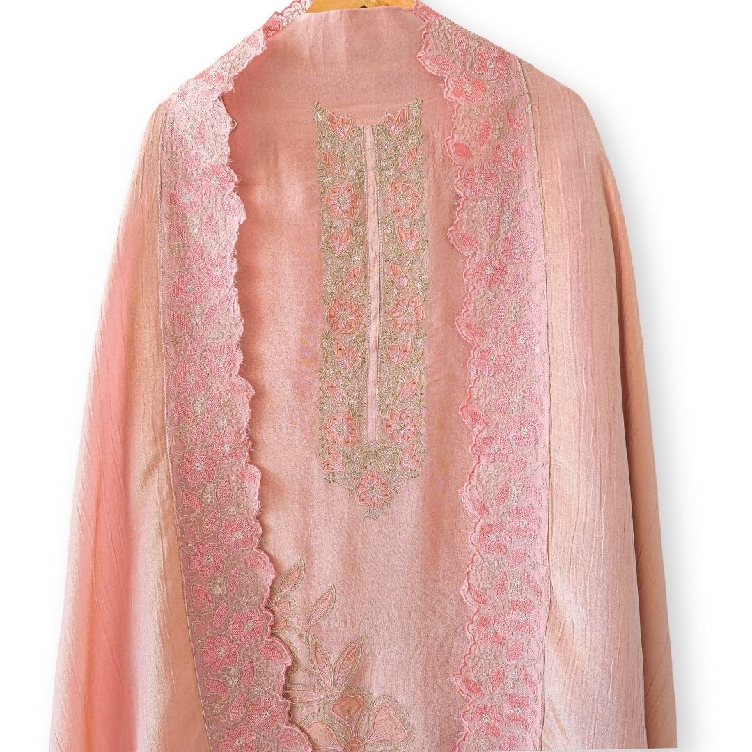 Handpicked Suit Sets Unstitched Suit Baby Pink Floral Embroidered Pure Tissue Silk Unstitched Suit Set