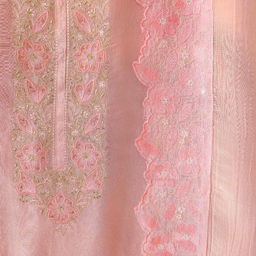 Handpicked Suit Sets Unstitched Suit Baby Pink Floral Embroidered Pure Tissue Silk Unstitched Suit Set