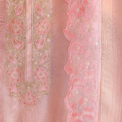 Handpicked Suit Sets Unstitched Suit Baby Pink Floral Embroidered Pure Tissue Silk Unstitched Suit Set