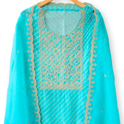 Handpicked Suit Sets Unstitched Suit Bright Turquoise Gold Embroidered Pure Raw Silk Unstitched Suit Set