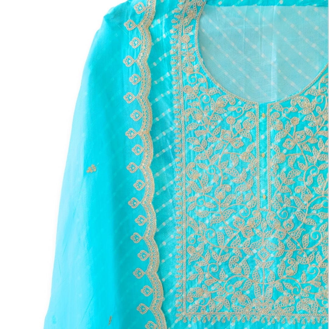 Handpicked Suit Sets Unstitched Suit Bright Turquoise Gold Embroidered Pure Raw Silk Unstitched Suit Set