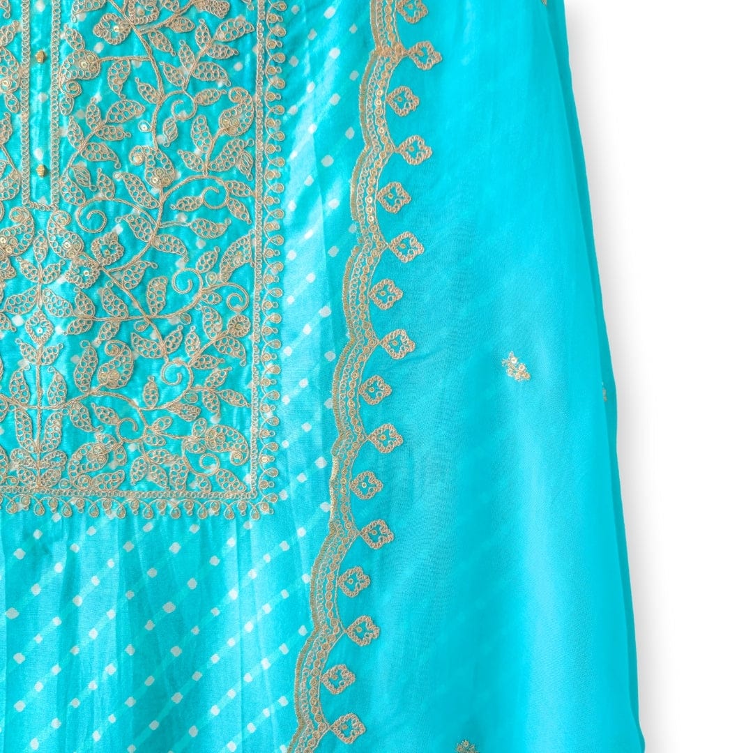 Handpicked Suit Sets Unstitched Suit Bright Turquoise Gold Embroidered Pure Raw Silk Unstitched Suit Set