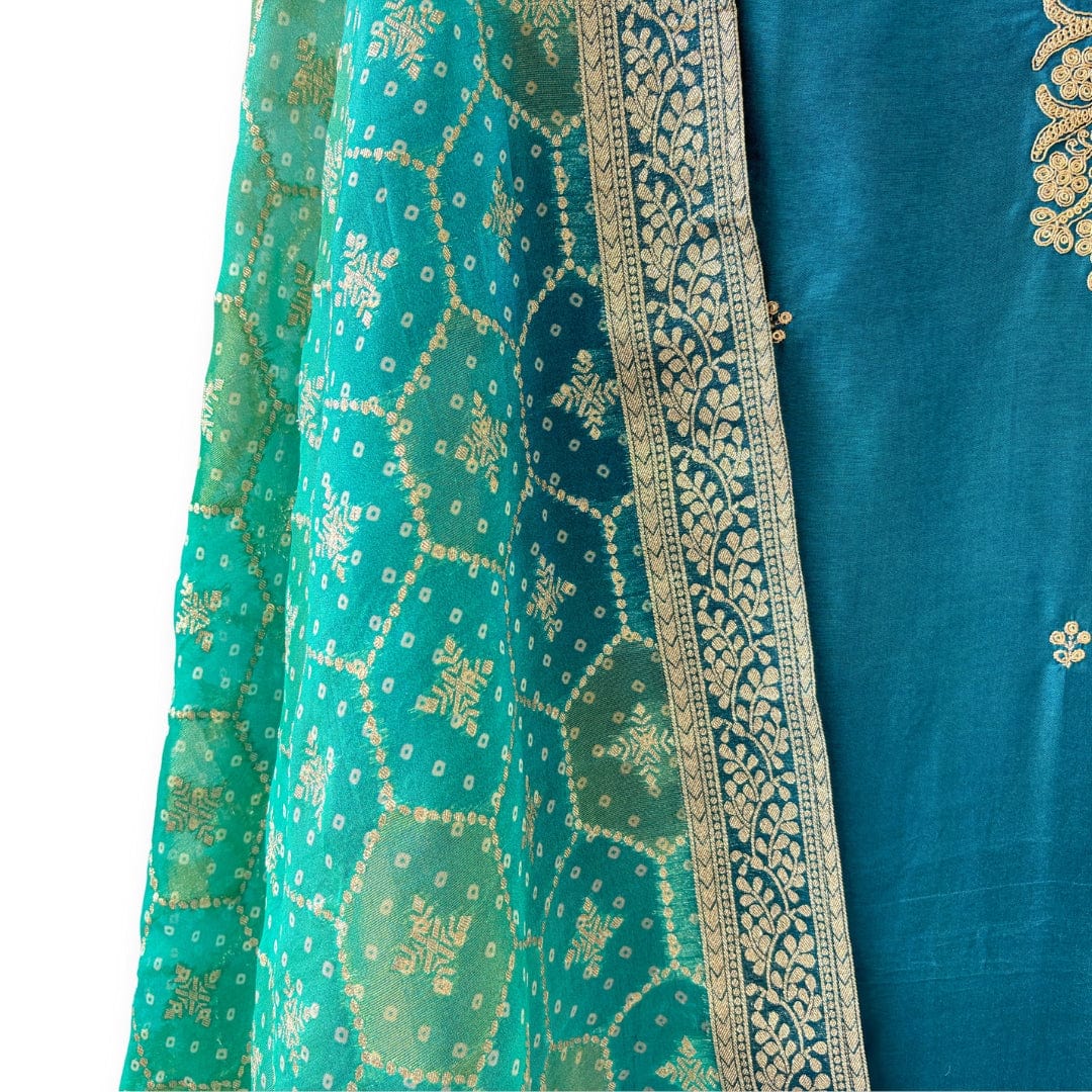 Handpicked Suit Sets Unstitched Suit Deep Blue & Gold Embroidered Pure Raw Silk Unstitched Suit Set