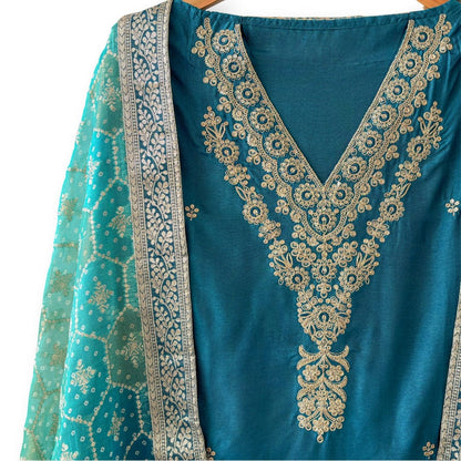 Handpicked Suit Sets Unstitched Suit Deep Blue & Gold Embroidered Pure Raw Silk Unstitched Suit Set