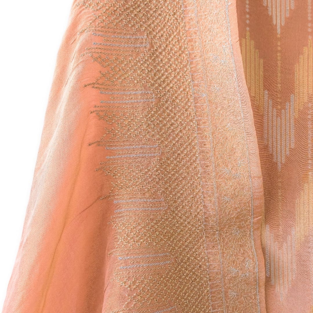 Handpicked Suit Sets Unstitched Suit Dusty Peach & Gold Ikat Woven Pure Tissue Silk Unstitched Suit Set