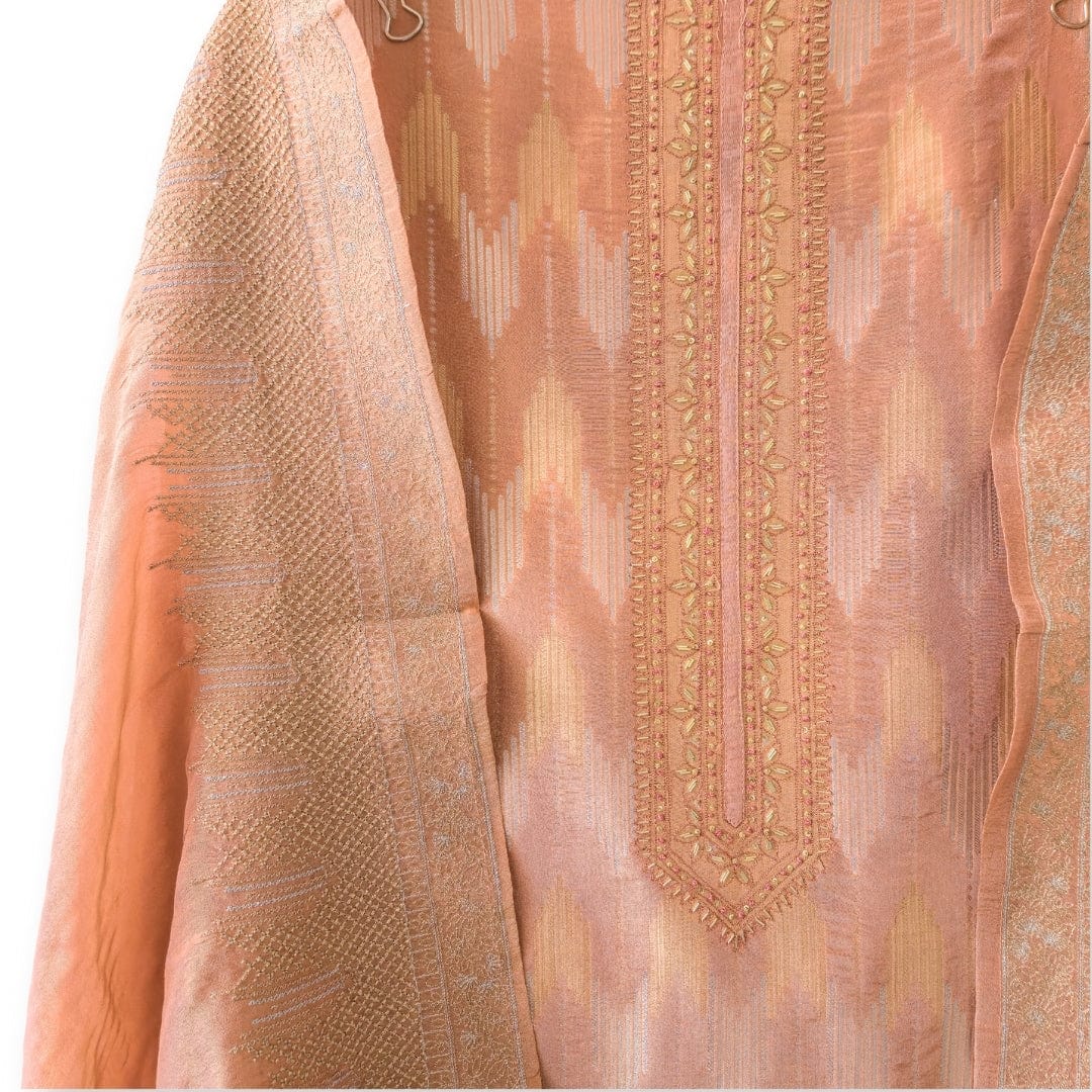 Handpicked Suit Sets Unstitched Suit Dusty Peach & Gold Ikat Woven Pure Tissue Silk Unstitched Suit Set